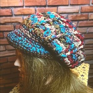 👒 Handmade Oversized Slouch Beanie w/Shield — Turquoise/Red/Blue — NWOT